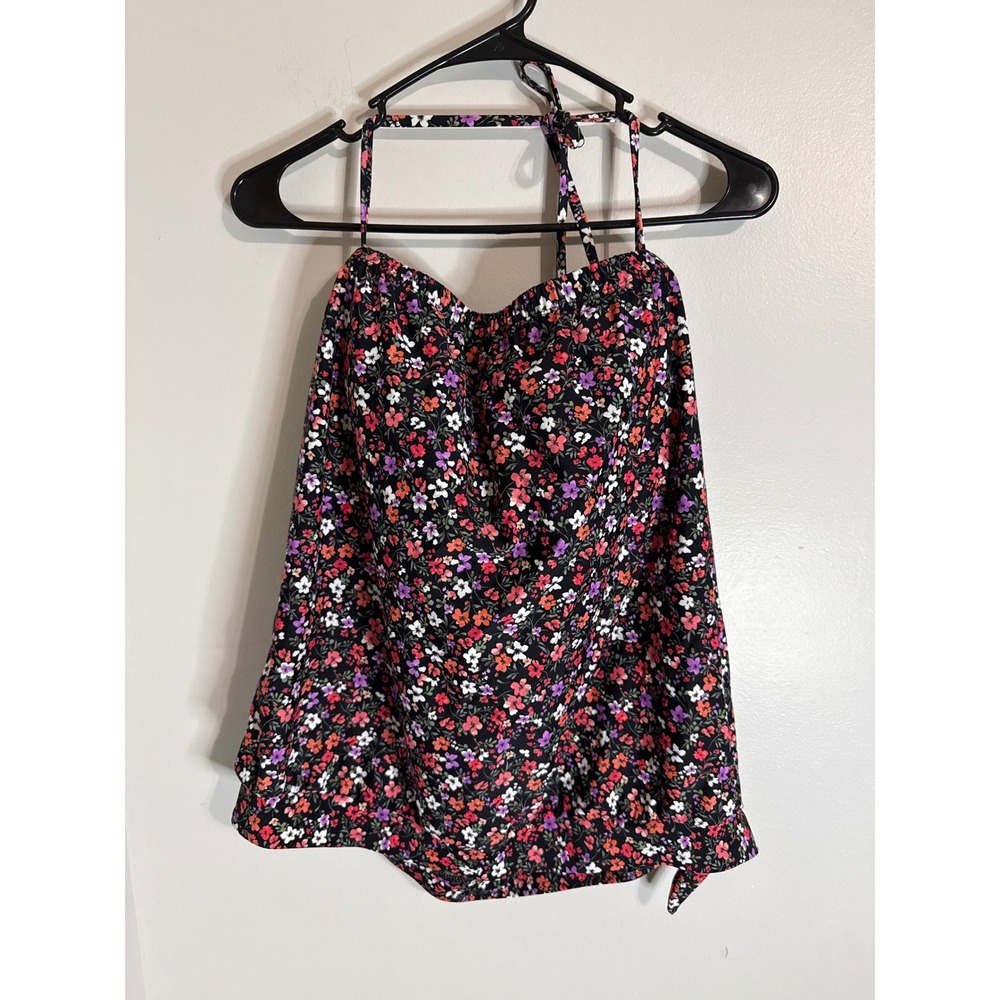 Time and Tru Womens Floral Tankini Top Black Pink Purple Halter Size L 12-14